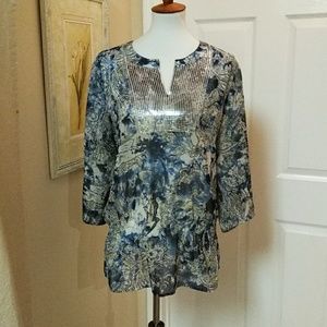 Chico's,2(12)blues, sequined, semi sheer blouse.
